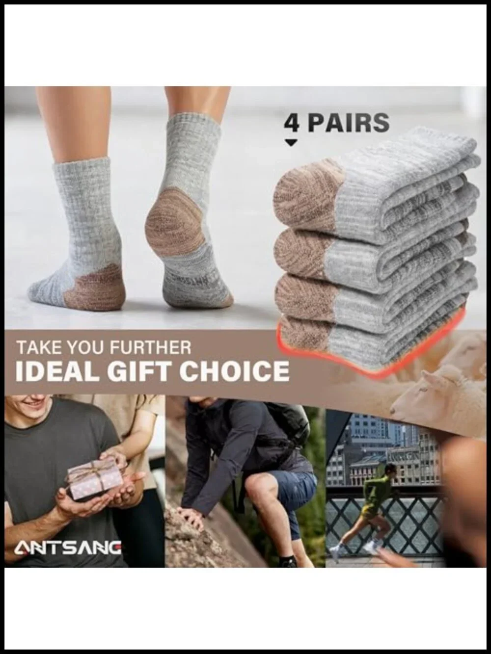Merino Wool Hiking Socks 4-Pack Full Cushion Crew Thermal